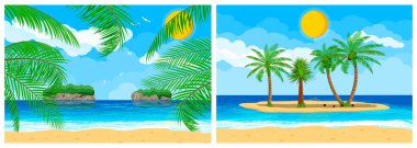 Palmiye ağaçları ve güneşli tropik bir sahil. Yaz tatili geçmişi. Seyahat reklam şablonu için egzotik ada doğası.
