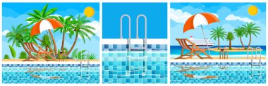 Yaz tatili arka plan seti. Palmiye ağacı, güneş yatağı, turuncu şemsiye ve yüzme havuzu olan tropik bir cennet. Seyahat için düz çizim.