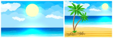 Parlayan güneş ve bulutlarla tropik okyanus manzarası. Sahili ve palmiyesi olan deniz manzarası. Tatil konseptiyle yaz seyahati.