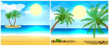 Küçük adada iki palmiye ağacı ve kumlu sahilde büyük palmiye ağaçları olan tropik bir sahil. Yaz tatili ve seyahat konsepti.