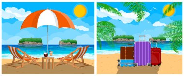 Plaj tatil unsurlarıyla yaz seyahati: bir şemsiye, güverte sandalyeleri ve palmiyeli tropikal bir adada valiz. Turizm düz vektör çizimi.