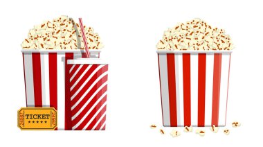 Kırmızı kovada patlamış mısır, içki ve sinema bileti. Atıştırmalık film. Düz stil vektörü. Çevrimiçi sinema için resim.