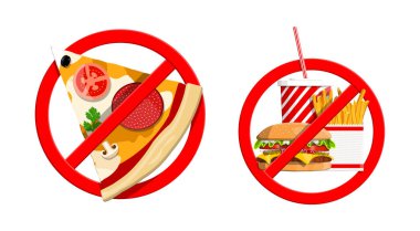Abur cubur işareti yok. Fast food yasağı. Pizza, hamburger, patates kızartması ve soda ile sağlıklı bir yaşam tarzı. Vektör düz biçim illüstrasyonu.