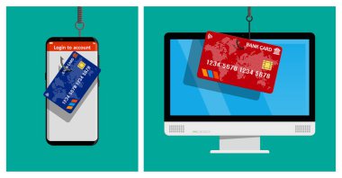 Cep telefonu ve bilgisayardaki ödeme işlemleri siber güvenlik için kredi kartıyla yapılmış. Veri koruması ve dolandırıcılığı çevrimiçi önleme.