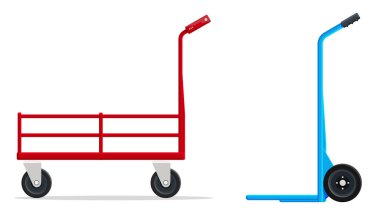 Red platform cart and blue hand truck. Warehouse trolley or dolly for delivery. Flat style stock vector set collection illustration.