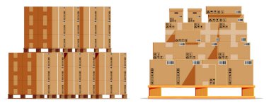 Cardboard box container on wooden pallet. Shipping and delivery flat style. Package and logistic concept.