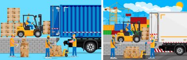 Depo çalışanları kargo konteynırlarını ve kamyonları yükleyip boşaltıyorlar. Lojistik ve dağıtım hizmeti kavramı.
