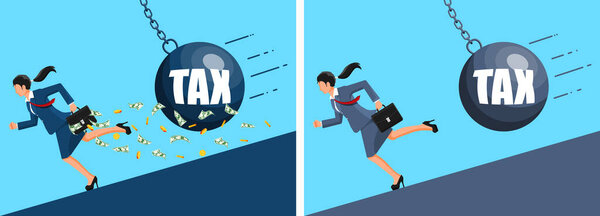 Woman businessman running away from a huge tax wrecking ball, losing money and trying to avoid high tax burden. Flat vector illustration for financial concept.