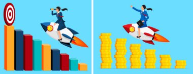 Kadın kariyer hedefine doğru roket üzerinde uçuyor ve zenginliği artıyor. İş büyümesi, başarı ve mali başarı kavramı.