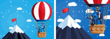 İş adamı ve kadın sıcak hava balonuyla uçuyor. Dağ zirvesinde kırmızı bayrak arayan girişimciler. Ticari zorluklar ve hedef başarı.