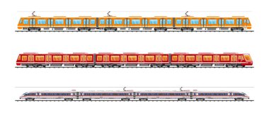 Çeşitli modern yolcu trenleri ve metro vagonları koleksiyonu. Kentsel ulaşım ve yüksek hızlı şehirlerarası konsept.
