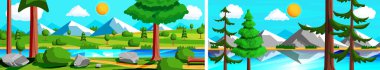 Dağları, ağaçları, nehri, gölü ve güneşi olan düz doğa manzarası. Yeşil orman ve mavi gökyüzü olan açık hava manzarası. Oyun arkaplanı veya web tasarımı için vektör illüstrasyonu.