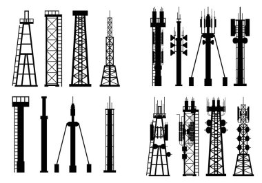 Telecommunication towers and antenna silhouette set. Mobile communication and broadcast mast, signal network concept. Flat style stock vector illustration.