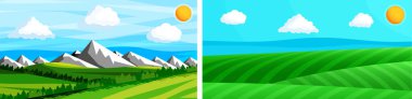 Nature landscape vector illustration with green fields, mountains, cloud and sun in flat style. Outdoor scenic background.