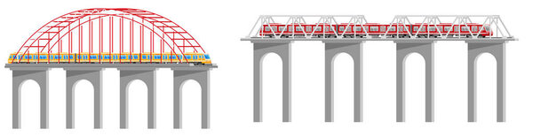 Two modern metro train sets on elevated railway bridges. Public transportation system flat style vector illustration for urban infographic.