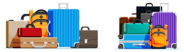 Different types of luggage and bags in flat style. Travel bag, backpack, suitcase, briefcase, valise for vacation or business trip.