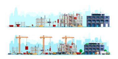 Stages of construction process from foundation to completed building with workers and machinery. Development project timeline concept.