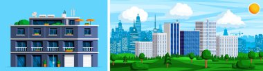 Modern konut binası ve panoramik şehir manzarası. Yüksek binaları ve yeşil parkı olan şehir manzarası. Düz tasarım çizimi