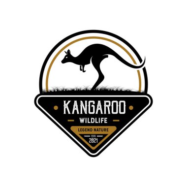 Retro Vintage Siluet Kanguru Logo Tasarımı. Siyah, beyaz ve altın renginde. Premium ve Lüks Logo Çizim Tasarımı