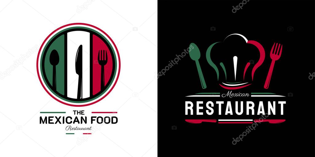 Mexican Food Restaurant Logo. Mexico flag symbol with Spoon, Fork, and Knife icons. On green, white, and red colors. Premium and Luxury  vector illustration