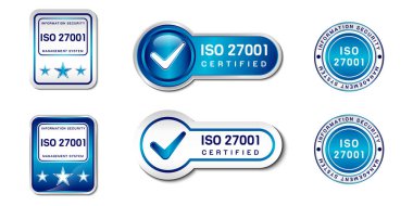 ISO 27001 Certified Label Stamp. Information security management system Sign. With check, and star icon. On gradient blue and white color. Premium and luxury emblem vector template