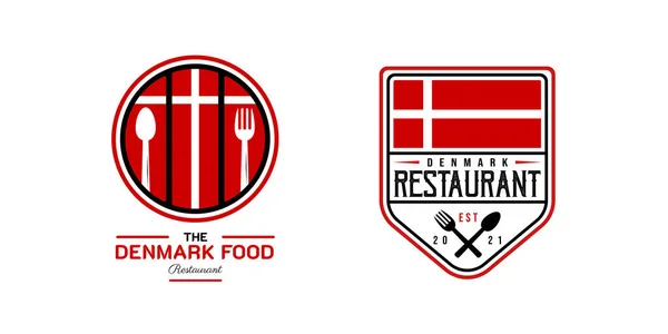 Danimarca Food Restaurant Logo Bandiera Danimarca Simbolo Con Cucchiaio Forchetta — Vettoriale Stock