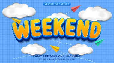 weekend editable text effect with white clouds and airplane background