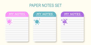 Scrapbook notes and cards. Diary, page notebook, notepad bookmark design. Daily planner element template. Personal memo, paper blank list, document, sticker, cardboard. Vector illustration.