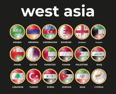 Batı Asya eyaletlerinin 3 boyutlu çizimleri daire şeklinde bayraklar oluşturuyor.