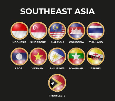 Güneydoğu Asya bölgesindeki ülkelerin bayraklarının dairesel şekildeki üç boyutlu çizimleri