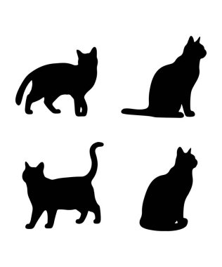 Çeşitli Oturma ve Yürüme Pozisyonlarında Siyah Kedi Siluetleri