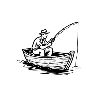 Balıkçı Oturan Kayık Balıkçılık İllüstrasyonu