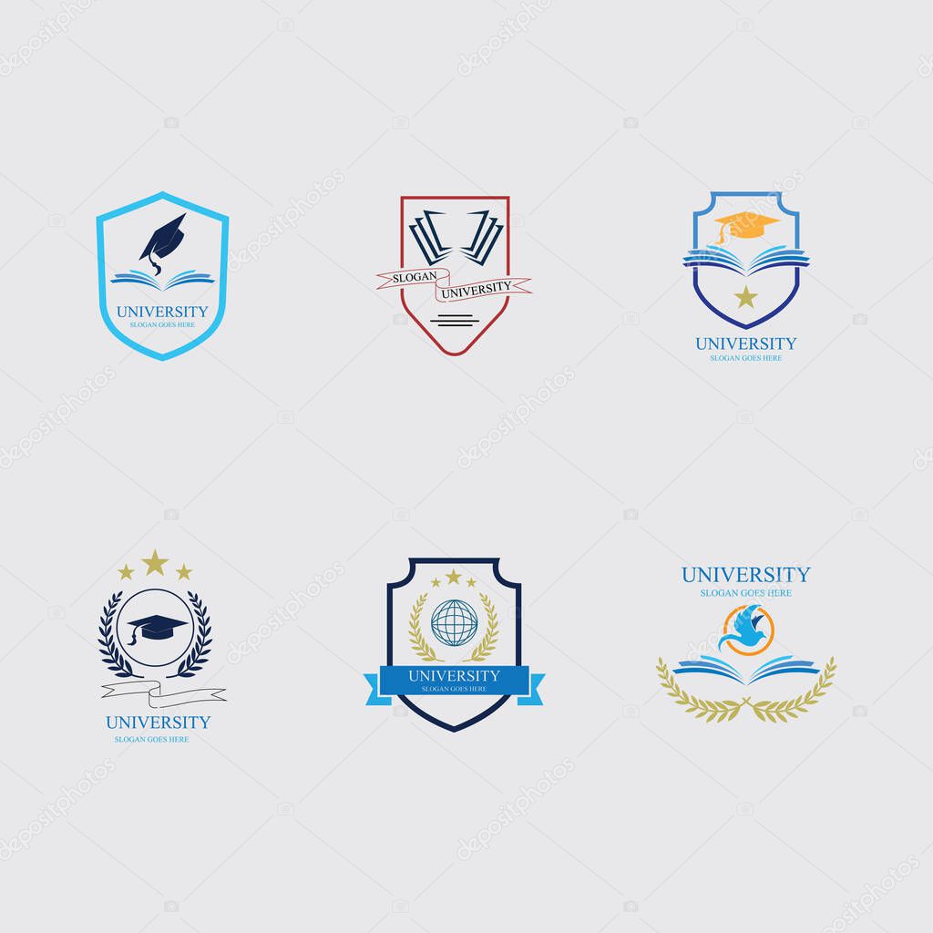 University, academy and college emblems or logos set for education industry design. Isolated on gray background