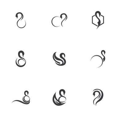 Beyaz arka planda güzel ve büyüleyici kuğu logoları ve sembol simgeleri koleksiyonu.