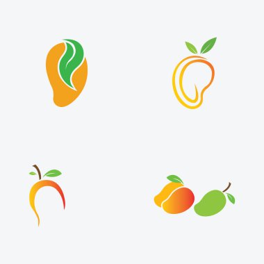 iş için mükemmel mango meyve logoları ve semboller koleksiyonu, taze meyve dükkanı markalaşması, vs. Gri arka planda izole edilmiş.