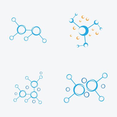 Kimyasal mağaza markaları, nükleer bileşikler vb. için uygun moleküler veya bileşik logoların toplanması. Gri bir arkaplanda izole edilmiş