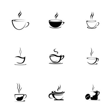 Siyah kahve fincanı logoları beyaz arka planda, minimalist bir dokunuşla izole edilmiş.