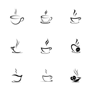 Siyah kahve fincanı logoları beyaz arka planda, minimalist bir dokunuşla izole edilmiş.