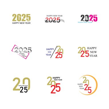 2025 yılının Mutlu Yıllar metin tasarımının resim çizelgesi. 2025 yılının iş günlüğü kapağı için mükemmel bir dilek. Broşür tasarım şablonu, kart, pankart vs. Beyaz arkaplanda izole edildi