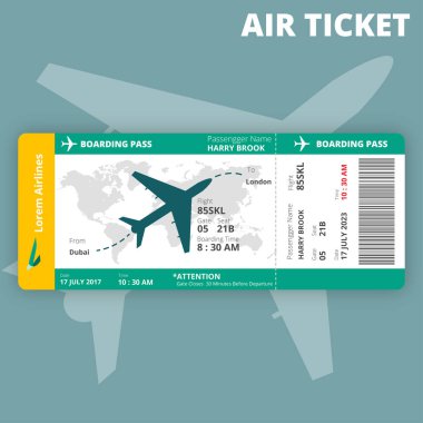 Uçak bileti ya da geçiş kartı yeşil sarı tonda izole edilmiş.