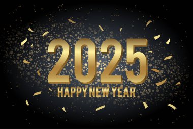 3D altın metin ve konfeti arka planlı 2025 mutlu yeni yıl tasarımı