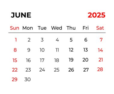 Haziran 2025 Aylık Takvim Tasarımı Temiz görünüm ve hafta pazar gününden itibaren başlar