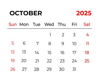 Ekim 2025 Aylık Takvim Tasarımı Temiz görünüm ve hafta pazar gününden itibaren başlar