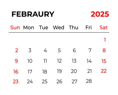 Şubat 2025 Aylık Takvim Tasarımı Temiz görünüm ve hafta pazar gününden itibaren başlar