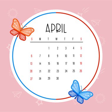 Colorful April 2025 Calendar Template with Cartoon Butterflies clipart