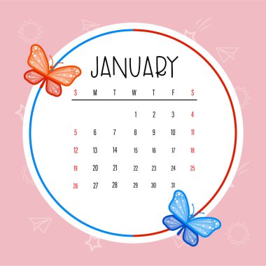 Colorful January 2025 Calendar Template with Cartoon Butterflies clipart