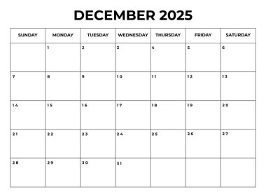 Aralık 2025 Aylık Takvim Tasarımı Notlar ve hafta pazar gününden itibaren başlar