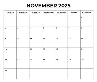 Kasım 2025 Aylık Takvim Tasarımı Notlar ve Hafta Pazar gününden itibaren başlar