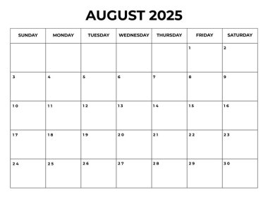 Notlarla birlikte Aylık Takvim Tasarımı Ağustos 2025 Pazar gününden itibaren başlıyor