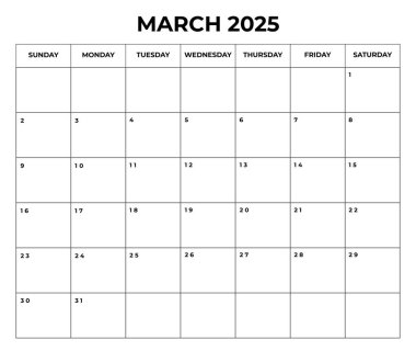 Mart 2025 Aylık Takvim Tasarımı Notlar ve Hafta Pazar gününden itibaren başlar